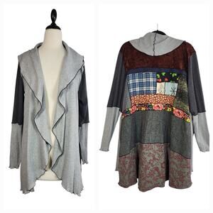 VTG Patchwork Open Front Artsy Cardigan Gray Large Waterfall Open Front USA Made